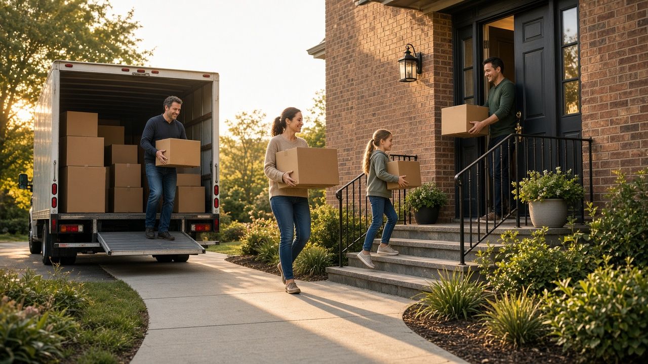 A family moving boxes into their new home
